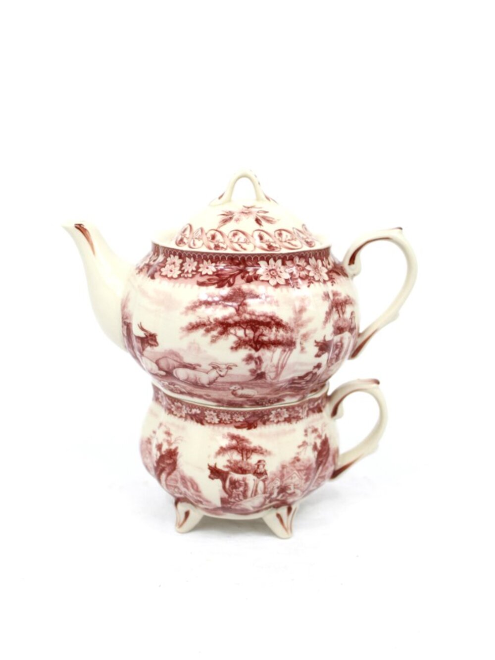 PORCELAIN RED TRANSFERWARE ANTIQUE REPRODUCTION STACKED TEA POT\DOUBLE STACK CUP